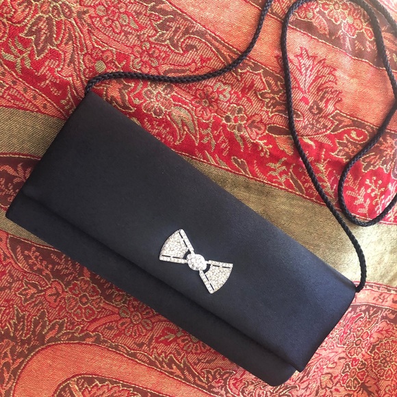 Handbags - Vintage Black Satin Clutch or Shoulder Bag Rhinestone Bow on Front Evening Bag